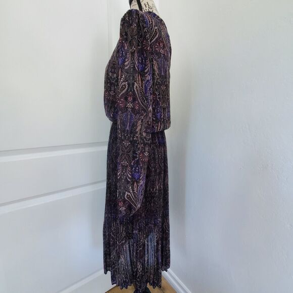 VERO MODA Midi Floral Pleated Long Sleeve Size Medium Sheer Flirty Lined Violet - Picture 5 of 16